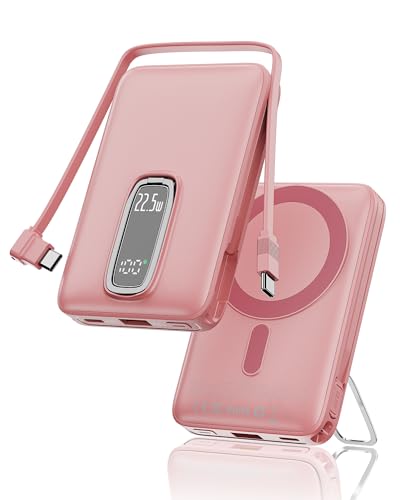 2026 para Magsafe Power Bank con Soporte, Magnética Batería Externa Carga Rapida 10000mAh con Cable USB-C Integrado, Inalámbrica Batería Portatil para iPhone 17 16 15 14 13 12, Rosa