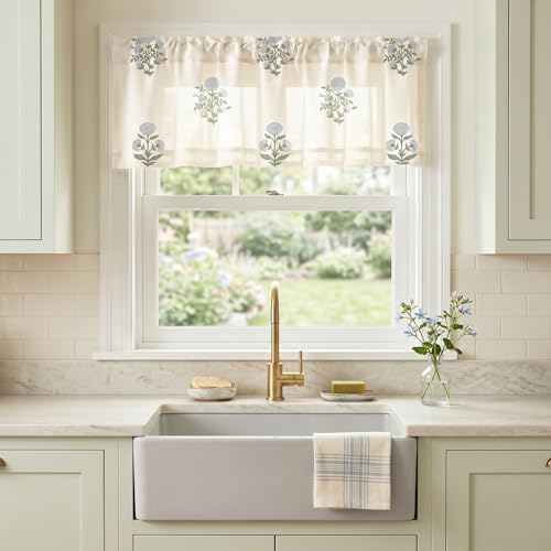 Floral Kitchen Valances for Windows, Farmhouse Linen Sheer Window Valance for Living Room, Blue and Green Block Print Cottage Core French Country Small Window Curtains for Bathroom Bedroom, 18 Inch
