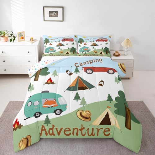 Cartoon Camper Kids Bedding Sets Cute Bear Fox Animal Trees Plant Reversible Comforter for Boys Happy Camping Red RV Trailer Quilt Set Soft Duvet Insert,1 Pillowcase Toddler Size