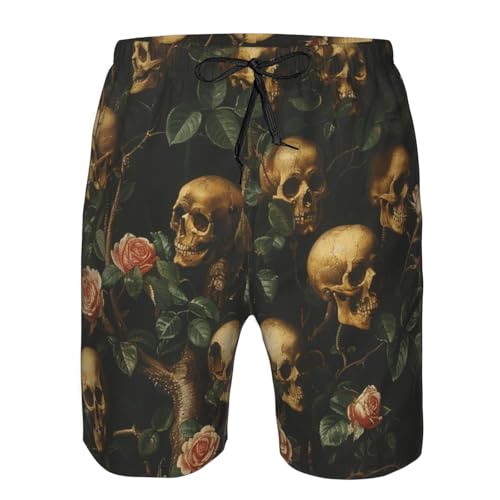 Men's Quick Dry Swim Shorts Skulls and Roses Tree Mystery and Gothic Style Beach Trunks with Pockets3