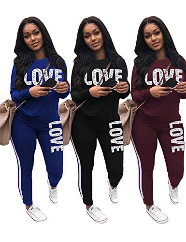 KANSOON Women's Letter Print 2 Piece Outfits Round Neck Long Sleeve Sweatshirt and Pants Set Tracksuit Blue M