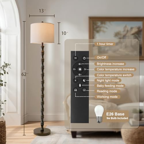 Image of BOBOMOMO 62 inch Rustic Farmhouse Floor Lamp Dark Brown with Remote & Dimmable 9W Bulb, 3 Color Temperatures Resin Standing Lamp, Retro Tall Lamp for Living Room, Bedroom, Nursery, Office, Reading Nook