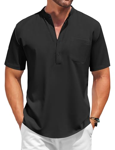 COOFANDY Men's White Solid Casual Short Sleeve Band Collar Henley Shirt with Pocket