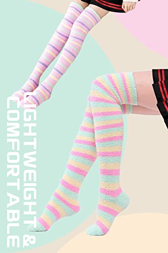 CutiePlusU Striped Coral Fleece Winter Warm Over Knee High Socks - Soft Fuzzy Thigh High 2 Pairs Pack3