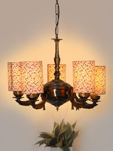 Image of Devansh 05-Light Round Printed Multicolor Cotton Shade Chandelier - Antique Golden Finish | Adjustable Cord | Warm Glow Lamp - Ceiling Light for Living Room, Dining Area, BedroomDecor - D18
