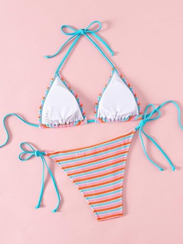 ZAFUL Women's Colorful Stripes Halter Flocking Textured Triangle Tie Side String Bikini Set High Cut Two Piece Bathing Suit2