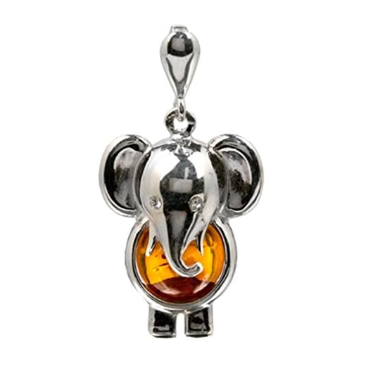 Noda - Colgante con forma de elefante de plata de ley y ámbar báltico color miel