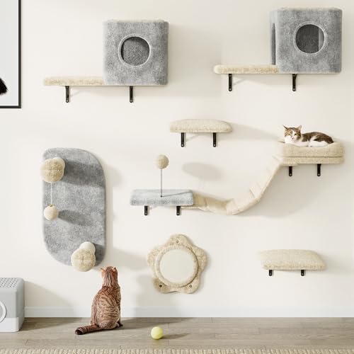 YITAHOME 8-Teiliges Stabiler Kletterwand Katzen Set aus Flanell, Katzenmöbel mit Katzenhaus, Katzenbett, Katzenkratzbrett, Katzenhängebrücke,...