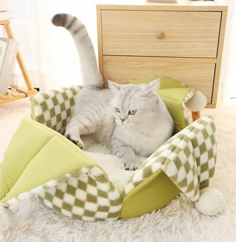 Cat Bed, Round Pet Bed for Small Dog, Fluffy Short Plush, Pluffy Removable Cushion, Anti-Anxiety Calming Donut Bed for Kitten, Puppy,Bed for Winter, Faux Fur,Green