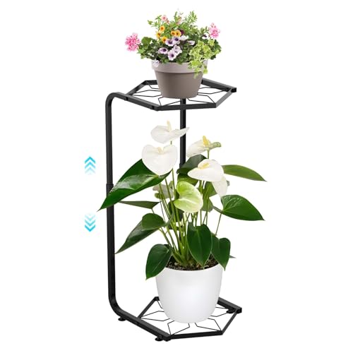 DUMING-IN Plant Stand Indoor-2 Tier Adjustable Tall Plant Stand Flower Pot Holder Metal Plant Rack Lightweight Duty Rustproof for Garden Corner Patio Lawn Balcony Office Living Room