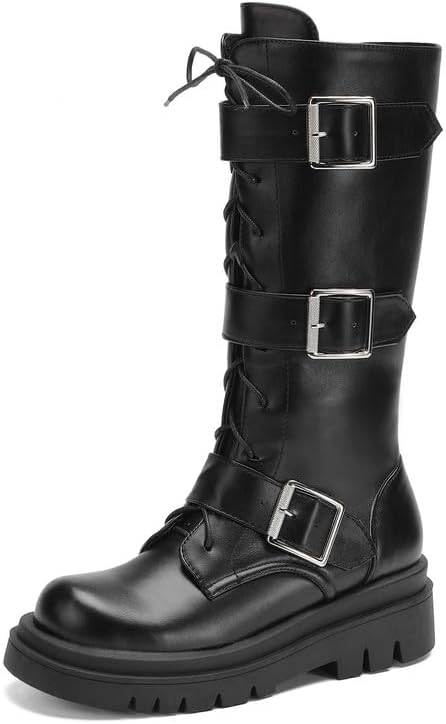 KOKOMOMO Women's Knee High Boots Side Zipper Motorcycle Boots Round Toe Chunky Low Heels Fashion Buckles Biker Riding Boots