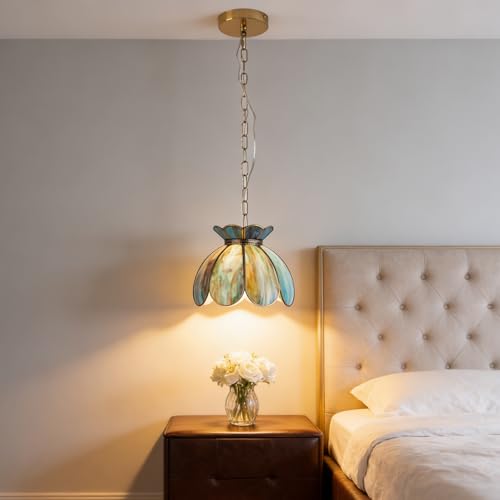 Image of Brass Glass Ceiling Pendant Light, Hanging Chain lamp, with Vintage Lotus Flower Blue Green Glass Shade for Kitchen Island Dining Room Bedroom Living Room-7.9 inch Shade