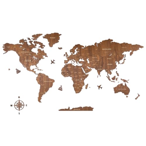 Creawoo Deutsche Holz Weltkarte Wand handgefertigte Wanddekoration aus Walnussholz Weltkarte Wandkunst Wanddekoration für Haus & Büro 150 x 85 cm