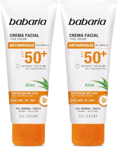 Babaria - Protector Solar Facial 50 Aloe | Protector Solar 50 | Crema Antiarrugas Mujer | Crema Hidratante Facial Mujer | Protección Muy Alta Con Aloe Vera (Paquete de 2)