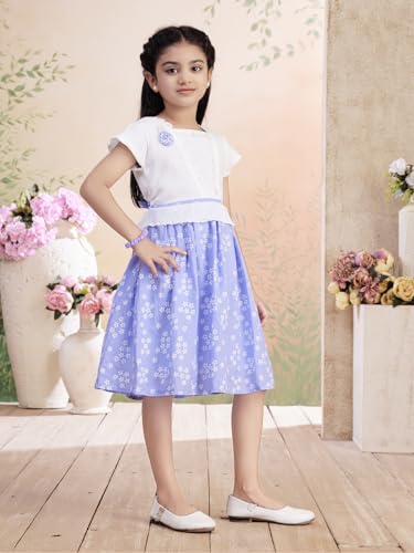 Image of Aarika Girls Blue Colour Floral Print Cotton Blend Frock