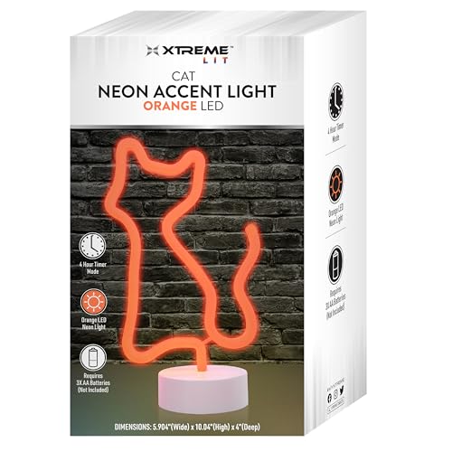Image of Xtreme Cat Neon Sign, Orange LED Cat Tabletop Sign with Holder Base, Battery Powered, 4 Hour Timer, Desktop Decor for Boys & Girls, Night Light for Boys & Girls Room, Birthday Gift for Boys & Girls