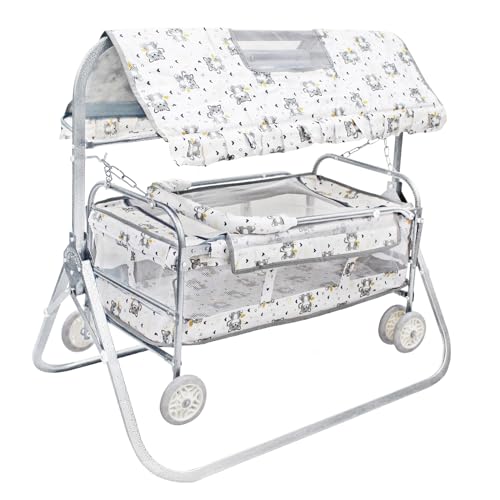 Image of BABYBLESSING Baby Cradle with Swing and Mosquito Net | with 4 Wheels | Foldable & Movable | Sturdy and Safe | Durable | Jhulla | Palna | Easy to use | White Grey