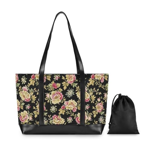 Baroque Style Retro Beige Flowers classy canvas laptop tote bag with zipper for university with Personalized maletin ejecutivo para mujer2