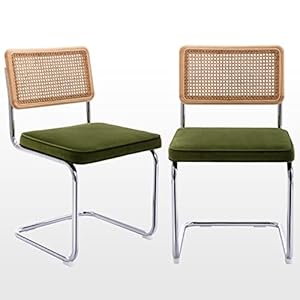 Zesthouse Mid Century Modern Dining Chairs Set of 2, Velvet Accent Chairs with Natural Cane Back & Stainless Chrome Base, Famous Breuer Designed Chairs, Upholstered Rattan Kitchen Chairs
