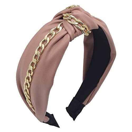 MHDGG Headbands for Women,1Pcs PU Chain Wide Headbands Knot Turban Headband Vintage Hairband Elastic Hair Hoops Fashion Hair Accessories for Women and Girls,Pink