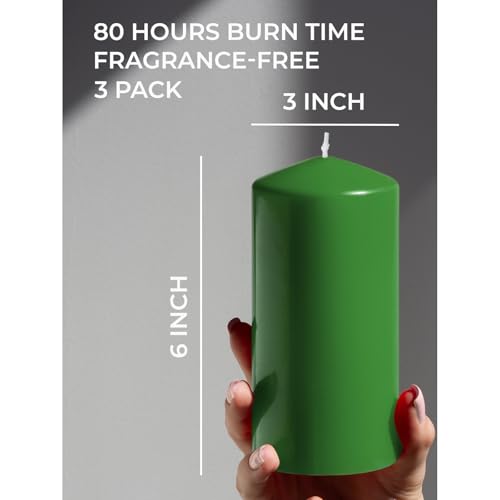 Candwax Green Pillar Candles Set of 3 - Perfect as Christmas Centerpiece Table Decorations - 80-Hour Burn Time Self-Extinguishing Candles for Home Decor - Cone-Top Grass Green Pillar Candles 3x6 by CANDWAX - Image 2