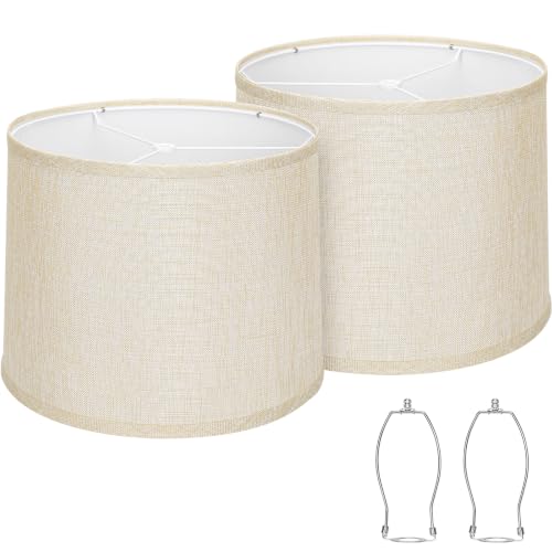 Image of Lamp Shades Set of 2, 11.6 inchTop x 12.6 inchBottom x 9.8 inchHigh, Champagne Beige | Drum Lampshades for Table Lamps, Floor Lamps, Natural Linen Lampshades for Bedroom, Living Room, Spider, Assembly Required