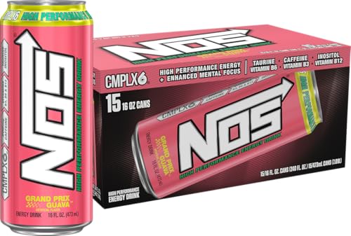 NOS Grand Prix Guava: High Performance Energy Drink. 16 Fl oz (Pack of 15)