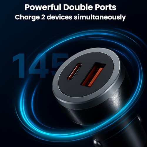 Image of Ailkin 145W Dual Output Car Charger Fast Charging with Type-C PD (45W) & USB(100W), Charging Adapter Compatible with Cars for iPhone 17 /16 /15 & Android Smartphone, Smartwatch, Earbud, Power Bank
