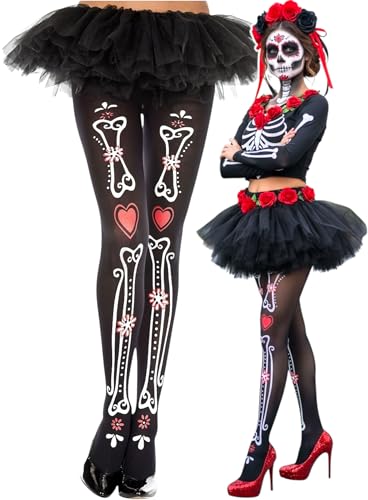 Image of ToBeInStyle Women's Sugar Skull Dia de los Muertos La Catrina Skeleton Bones Tights & Thigh High Stockings
