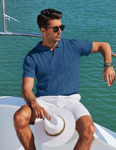 Image of COOFANDY Mens Polo Shirts Short Sleeve V Neck Knit Shirts for Men Casual Old Money Clothes Mens Golf Shirt