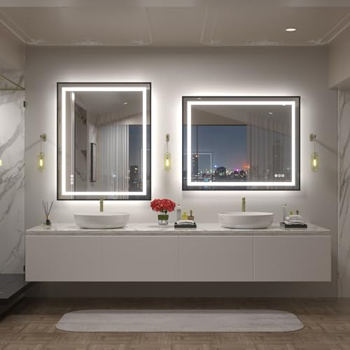 Image of 40x32 LED Bathroom Mirror with Black Frame, Dimmable Vanity Mirror with Lights for Wall, Backlit and Front Lighted, Memory, Anti-Fog, ETL Listed(Horizontal /Vertical)