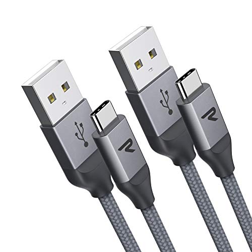 RAMPOW Fast Charging USB C Cable [6.5ft, 2-Pack, QC 3.0] - Nylon Braided USB Type C Cable - 3A Samsung Charger Cable for Galaxy S9/S10/S20/S8/Note 9/10, LG G7/V20 and More - Silver