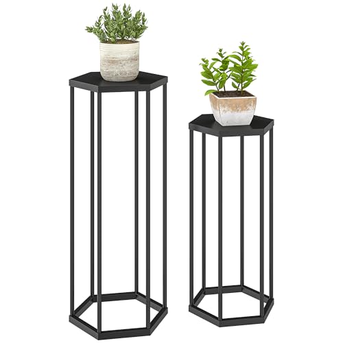 Outsunny 2er-Set Pflanzenständer, 75/60 cm Hexagonale Blumenständer für Innen Außen, Pflanzenregal aus Metall, Blumenregal, Blumenhocker, Blumentopfständer für Garten Balkon Deko, Schwarz