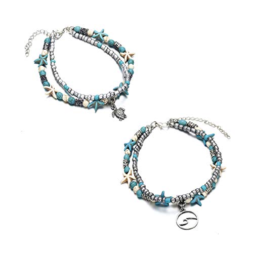 Image of Softones Blue Starfish Turtle Anklet Multilayer Charm Beads Sea Handmade Boho Anklet Foot Jewelry for Women