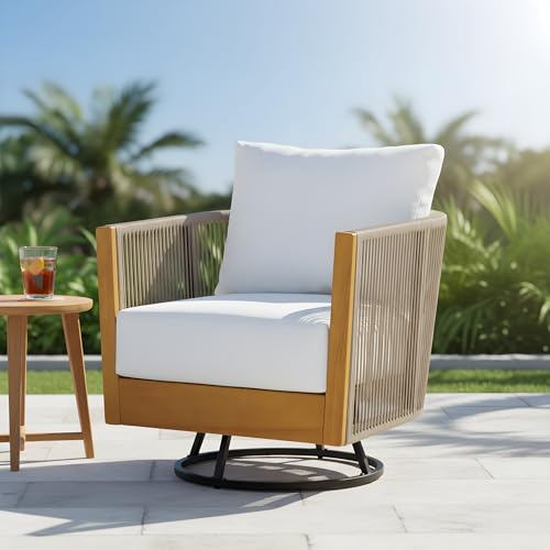 Merax Outdoor Swivel Chair, 360-Degree Rotation, Natural Acacia Wood with Handwoven Beige Rope Design and Seat Cushion, Metal Swivel Base, Weather-Resistant Chair for Patio Garden Balcony by Merax - Used condition - US$315.52
