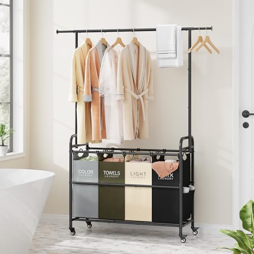 Tajsoon LCR74B Laundry Sorter Cart With Hanging Clothes Rack thumb #7