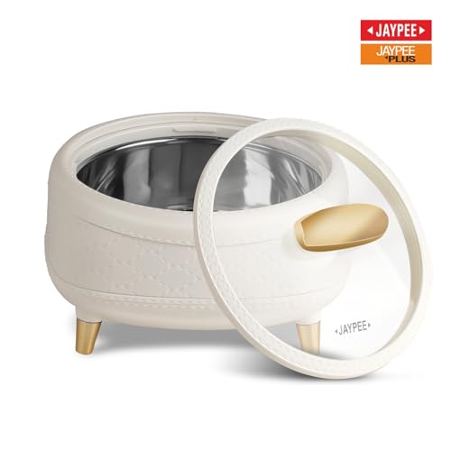 Image of JAYPEE Kingston Klass Stitched Leather Luxurious Outer & Inner Stainless Steel Casserole Set of 3 with Glass Lid (1500+2000+2500) ml PUF Insulated Serving casserole Set Roti Box Hot Box BPA Free,White