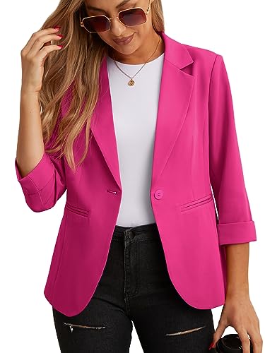 GRECERELLE Blazer léger à manches 3/4 pour femme - Blazer décontracté avec poches pour le travail et le bureau, 002-rose vif, 42