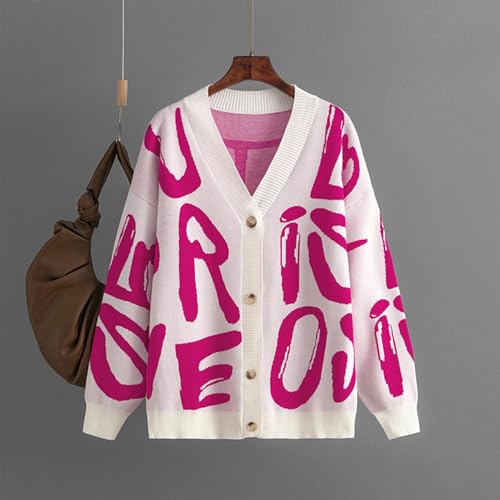 Image of Women's Knit Long Sleeve Open Front Cardigan V-Neck Button Down Letter Pattern Sweater Coat Outwear