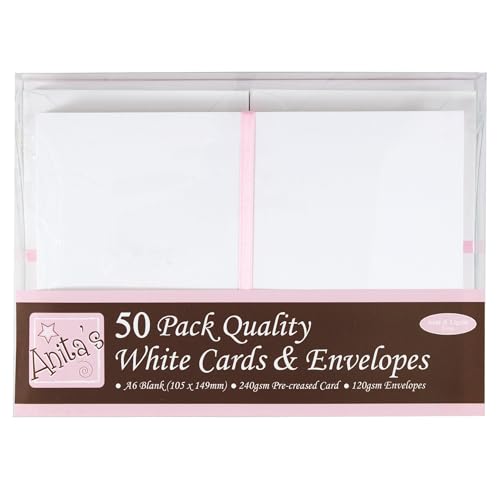 Anitas Plain Blank Cards & Envelopes A6 White Pack of 50 for Home Wedding Birthday Christmas Thank You Art & Craft Scrapbooking Supplies Baby Shower Card Making