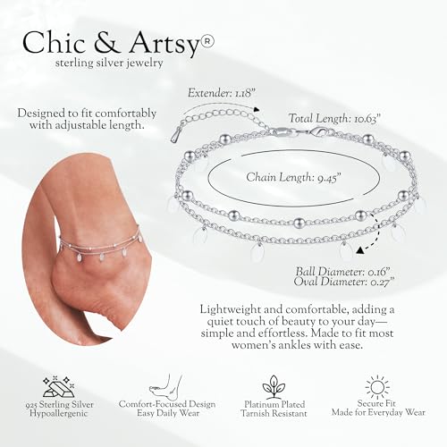 Image of CHIC & ARTSY 925 Sterling Silver Ankle Bracelets for Women, Adjustable Double Layer Chain Anklets, Minimalist Lightweight Foot Jewelry for Beach & Everyday Wear