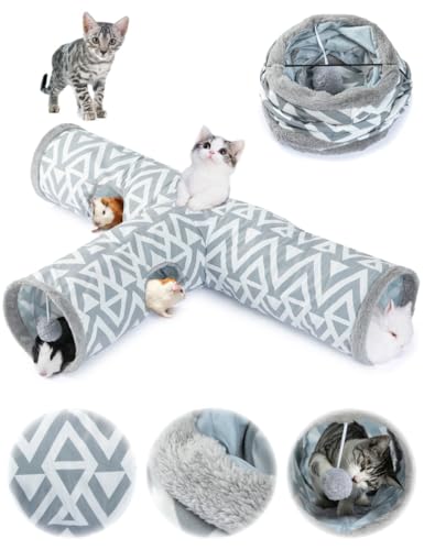 JanYoo Katzentunnel Hasentunnel für Indoor Spieltunnel, Plüsch Katzen Tunnel 3 Wege Interaktiver Spionage-Loch Katzentunnel Spielsachen, Grau