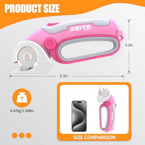 Image of ZEITE 4V Cordless Electric Scissors Cardboard Cutter with 2 x Blades,1 x Storage Case,1 x USB Charging Cable,Rotary Cutter for Box Plastic Carpet Fabric, Easy to Hold and Safety,Pink