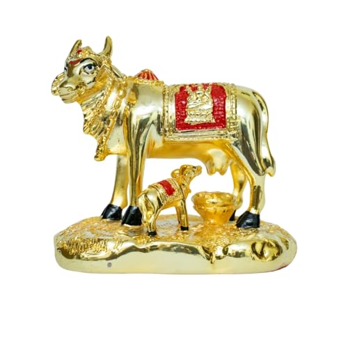 Image of Gold Plated Cow and Calf Idol | Medium Size Gomata Statue for Home Temple & Vastu | Prosperity Showpiece for Pooja & Decor | Hindu Sacred Cow Figurine | 9 x 6 x 10 cm