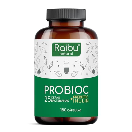 Probióticos y prebióticos intestinales - 180 cápsulas, 25 cepas bacterianas + Inulina, 60 Mil Millones UFC - Lactobacillus, Bifidobacterium, Máxima concentración