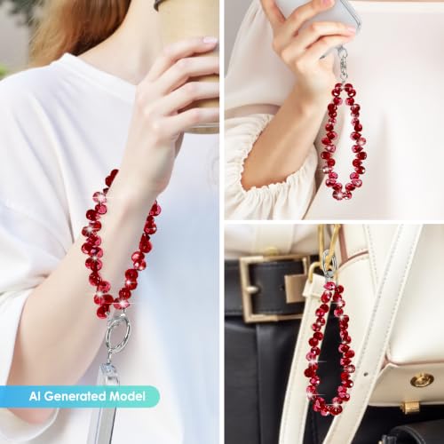 Image of TENOC Beaded Phone Wrist Strap, Burgundy | Cellphone Lanyard Chain, Sparkling Wristlet Bracelet, Comes with Metal Phone Tether Tab, For Women