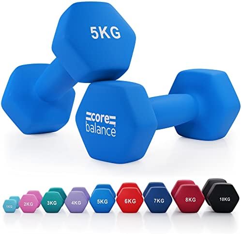 Core Balance Dumbbell Pair Hex Weight Neoprene Coated Cast Iron Strength Training (2 x 1kg, 2kg, 3kg, 4kg, 5kg, 6kg, 7kg, 8kg, or 10kg)