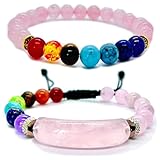 2pcs Rose Quartz Bracelet, 8mm Pink Crystal Chakra Healing Stone Bracelet, Pink Jade Tourmaline Energy Charm Bracelet, Bring Love, Good Luck and Happiness for Unisex (Pink Crystal)