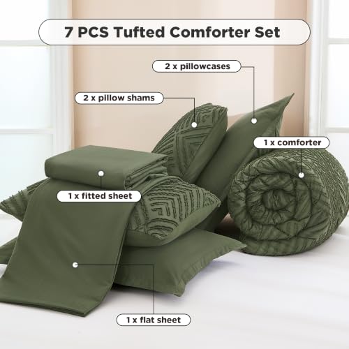 Image of Andency Queen Comforter Set Olive Green - 7 Pieces Bed in a Bag Queen Boho Olive Green Bedding Comforter Sets, Tufted Bed Set with Comforter, Sheets, Pillowcases & Shams