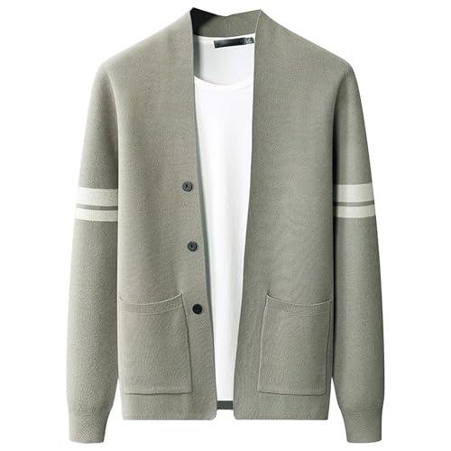Men's Fashion V-Neck Solid Color Knit Top Casual Stripe Knitwear Cardigan Slim Fit Sweater Coat with Pockets